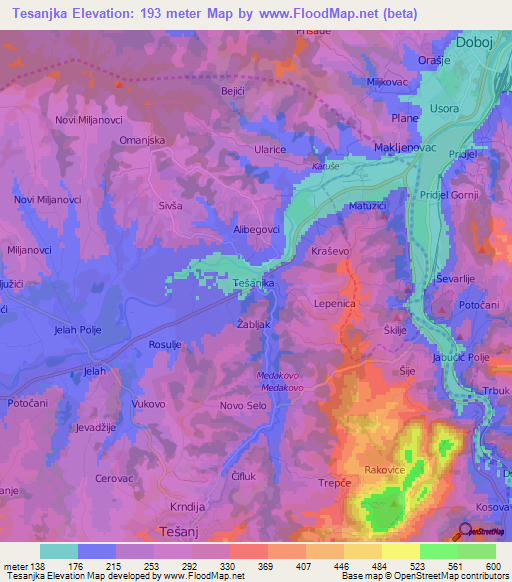 Tesanjka,Bosnia and Herzegovina Elevation Map