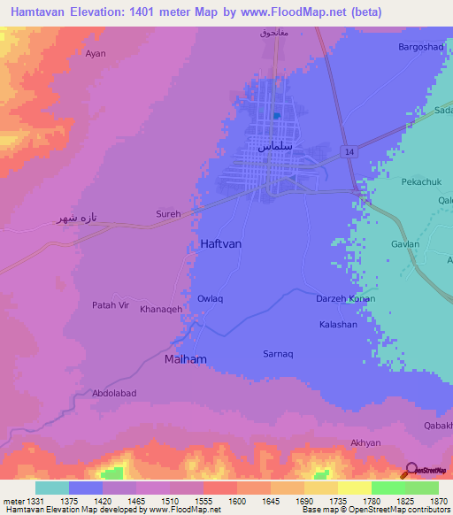 Hamtavan,Iran Elevation Map