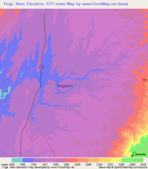Yirga `Alem,Ethiopia Elevation Map