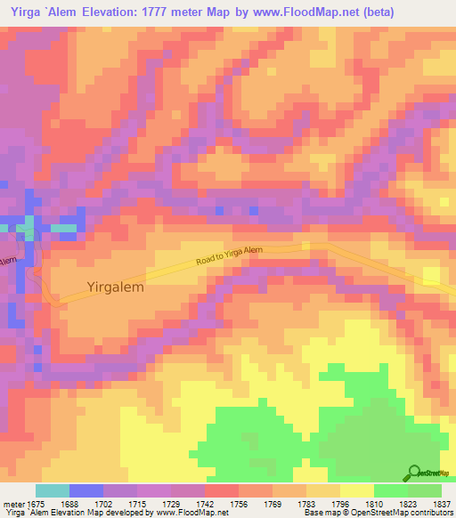 Yirga `Alem,Ethiopia Elevation Map