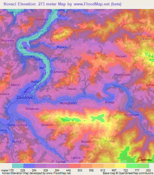 Kovaci,Bosnia and Herzegovina Elevation Map