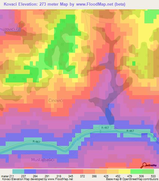 Kovaci,Bosnia and Herzegovina Elevation Map