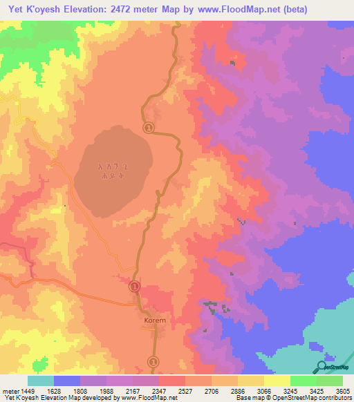 Yet K'oyesh,Ethiopia Elevation Map
