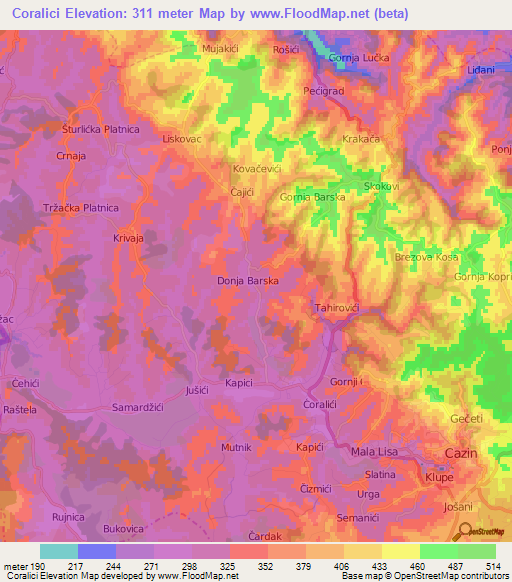 Coralici,Bosnia and Herzegovina Elevation Map