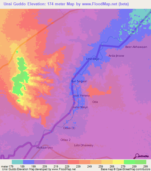 Unsi Guddo,Ethiopia Elevation Map