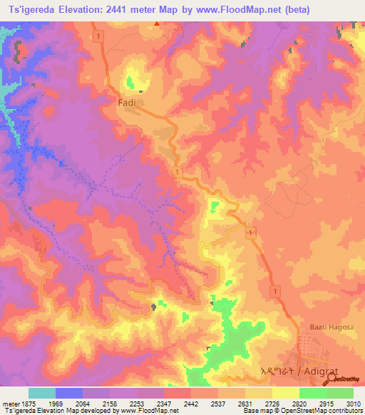 Ts'igereda,Ethiopia Elevation Map