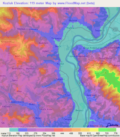 Kozluk,Bosnia and Herzegovina Elevation Map