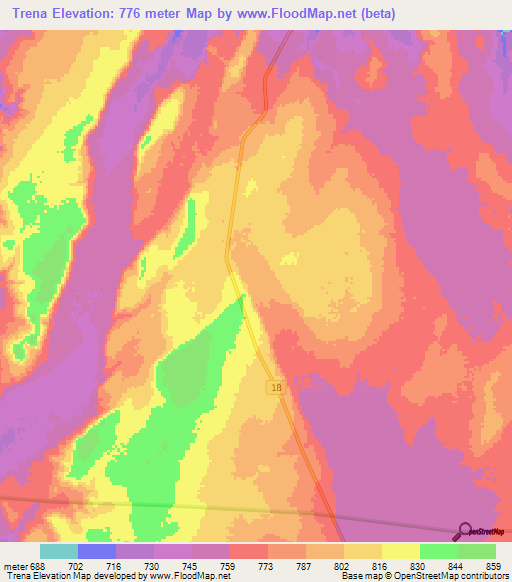 Trena,Ethiopia Elevation Map