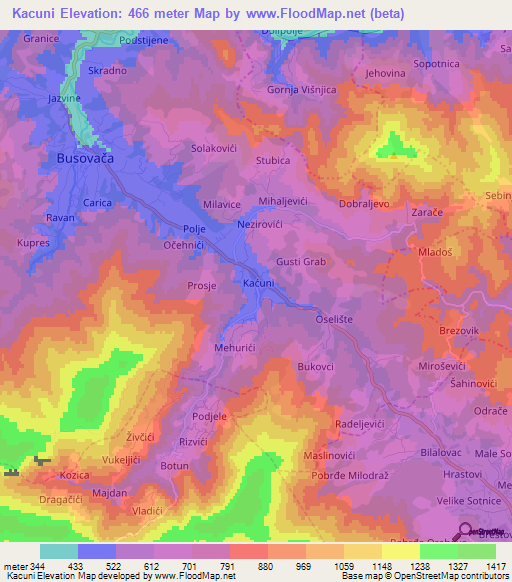 Kacuni,Bosnia and Herzegovina Elevation Map