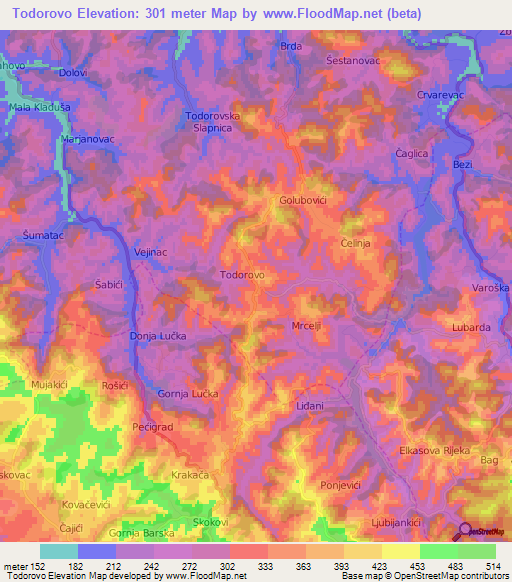 Todorovo,Bosnia and Herzegovina Elevation Map