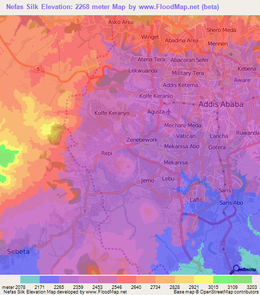 Nefas Silk,Ethiopia Elevation Map