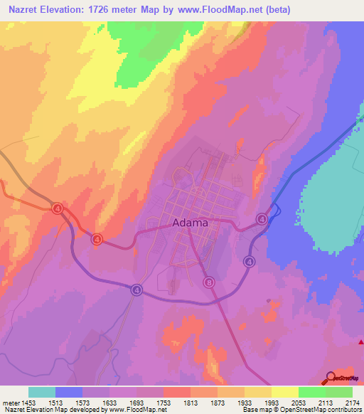 Nazret,Ethiopia Elevation Map