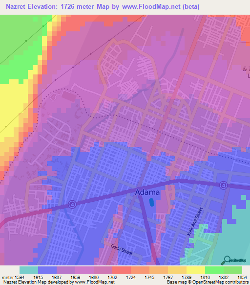 Nazret,Ethiopia Elevation Map