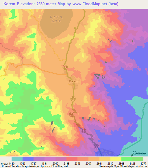 Korem,Ethiopia Elevation Map