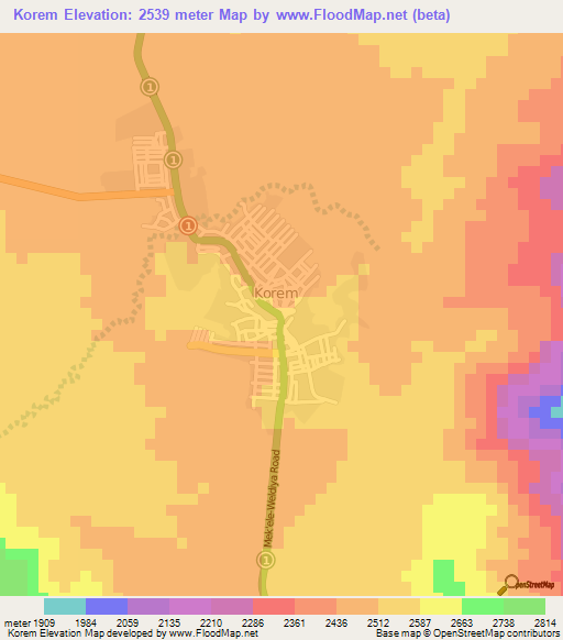 Korem,Ethiopia Elevation Map