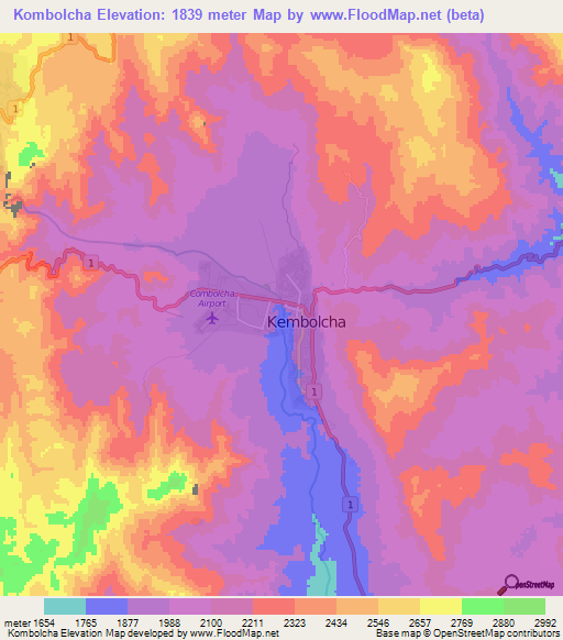 Kombolcha,Ethiopia Elevation Map