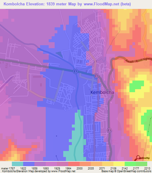 Kombolcha,Ethiopia Elevation Map
