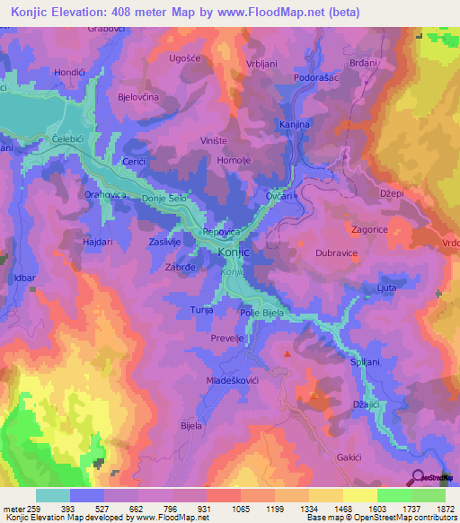 Konjic,Bosnia and Herzegovina Elevation Map