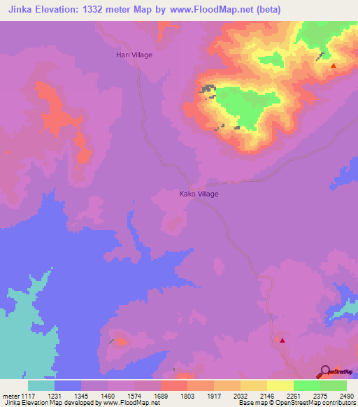 Jinka,Ethiopia Elevation Map