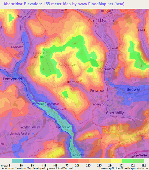 Abertridwr,UK Elevation Map