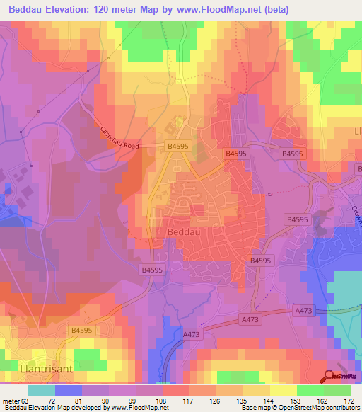 Beddau,UK Elevation Map