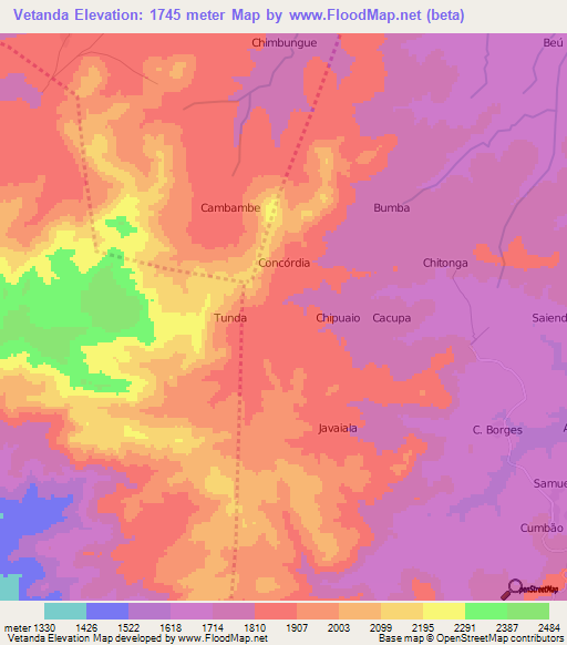 Vetanda,Angola Elevation Map