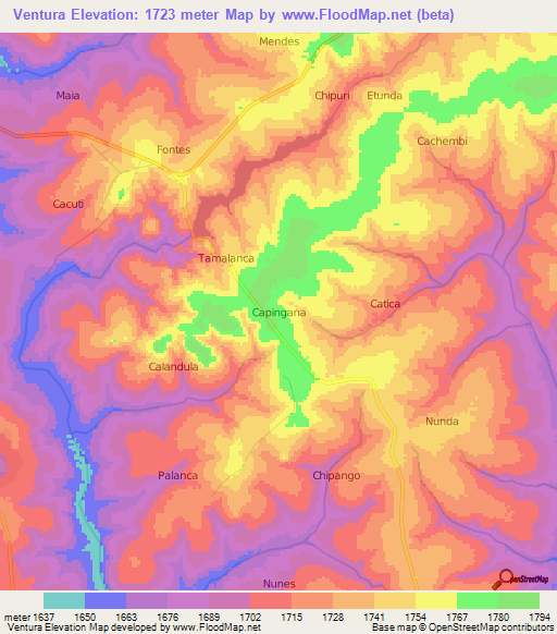 Ventura,Angola Elevation Map