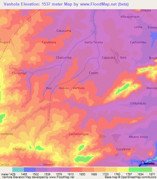 Vanhola,Angola Elevation Map