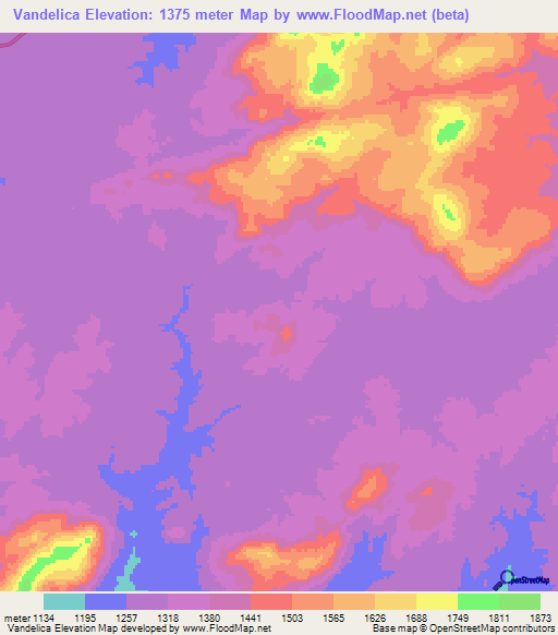 Vandelica,Angola Elevation Map