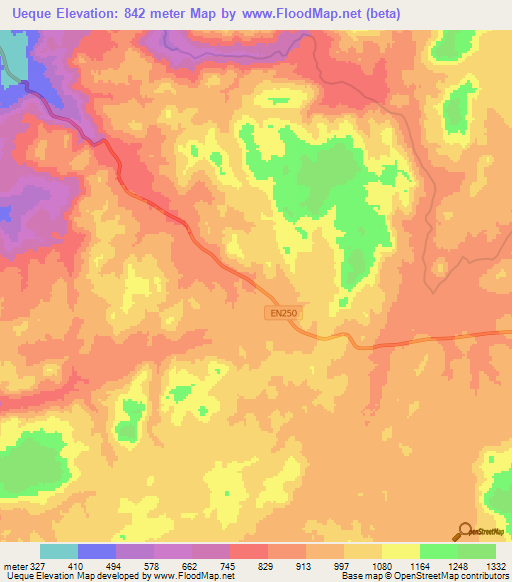 Ueque,Angola Elevation Map