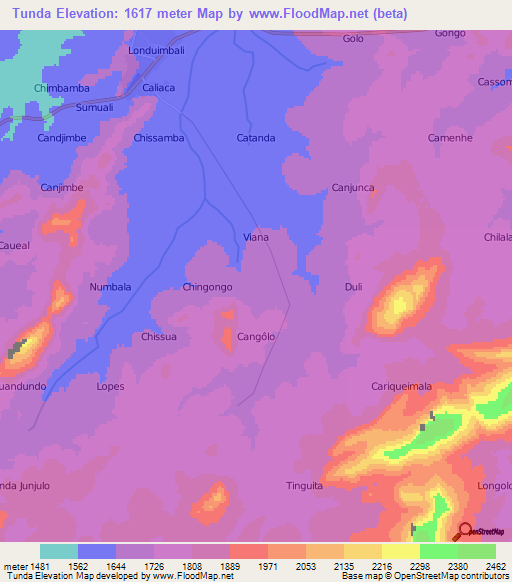 Tunda,Angola Elevation Map