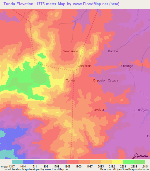 Tunda,Angola Elevation Map