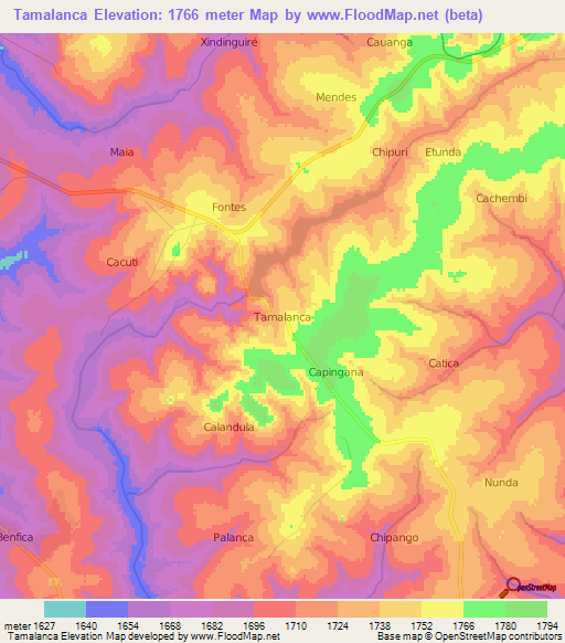 Tamalanca,Angola Elevation Map