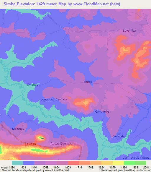 Simba,Angola Elevation Map