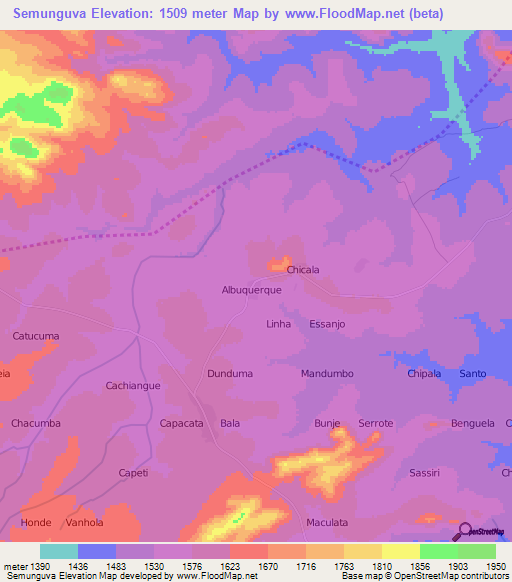 Semunguva,Angola Elevation Map
