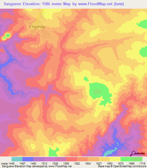 Sangueve,Angola Elevation Map