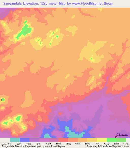 Sangandala,Angola Elevation Map