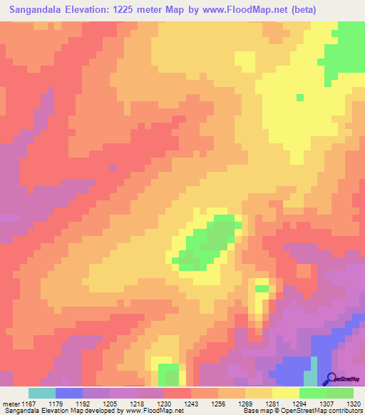Sangandala,Angola Elevation Map