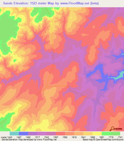 Sande,Angola Elevation Map