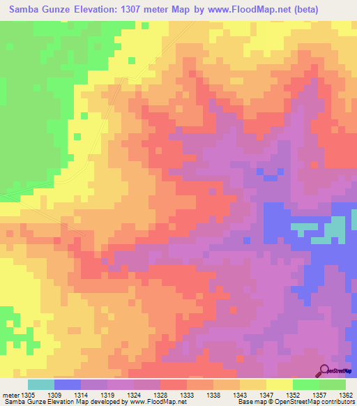 Samba Gunze,Angola Elevation Map