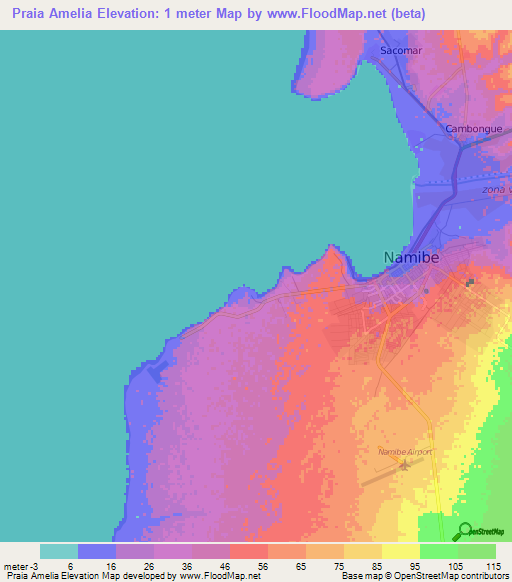Praia Amelia,Angola Elevation Map