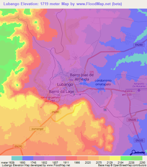 Lubango,Angola Elevation Map