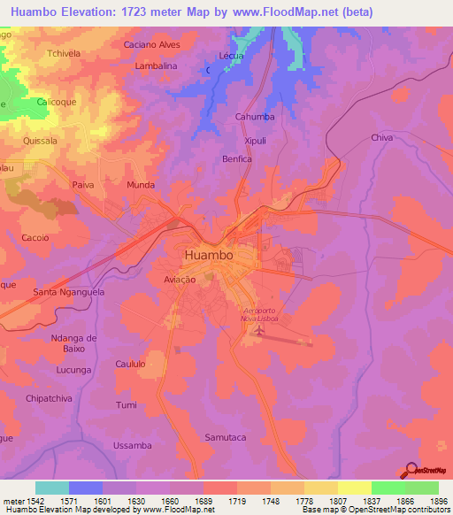 Huambo,Angola Elevation Map