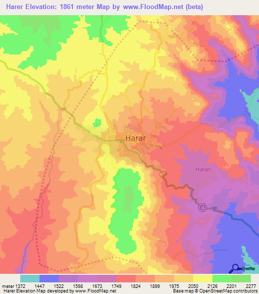 Harer,Ethiopia Elevation Map