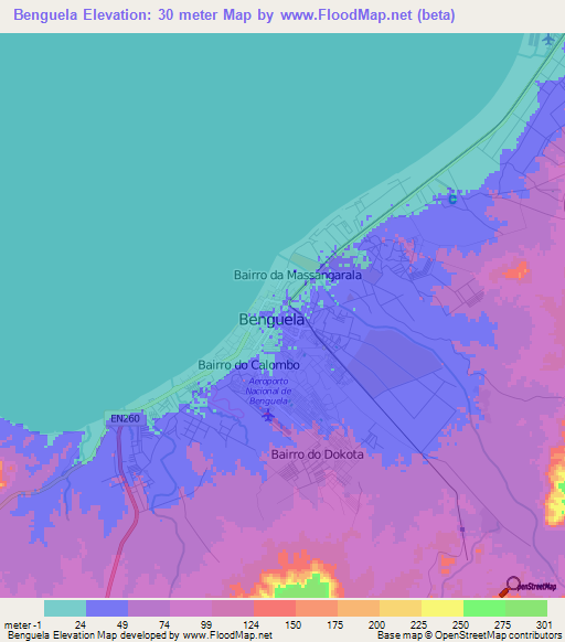 Benguela,Angola Elevation Map
