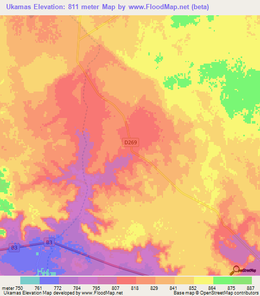 Ukamas,Namibia Elevation Map
