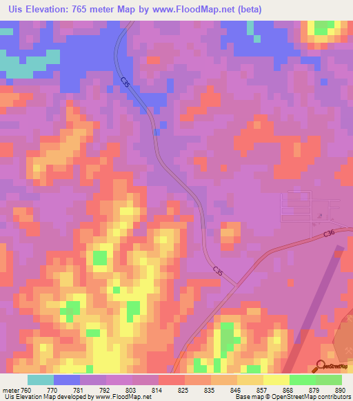 Uis,Namibia Elevation Map