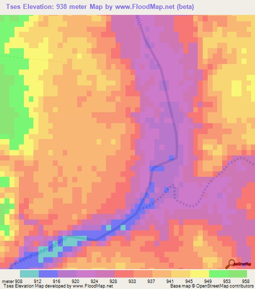 Tses,Namibia Elevation Map