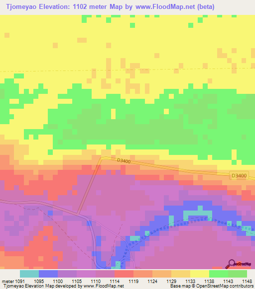 Tjomeyao,Namibia Elevation Map