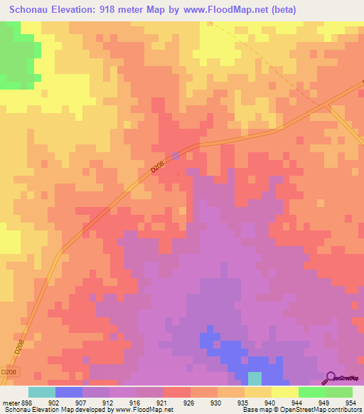 Schonau,Namibia Elevation Map